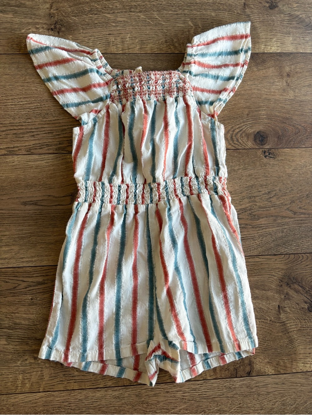 Mabel + Honey Striped Kids Romper in White with Red & Blue Stripes